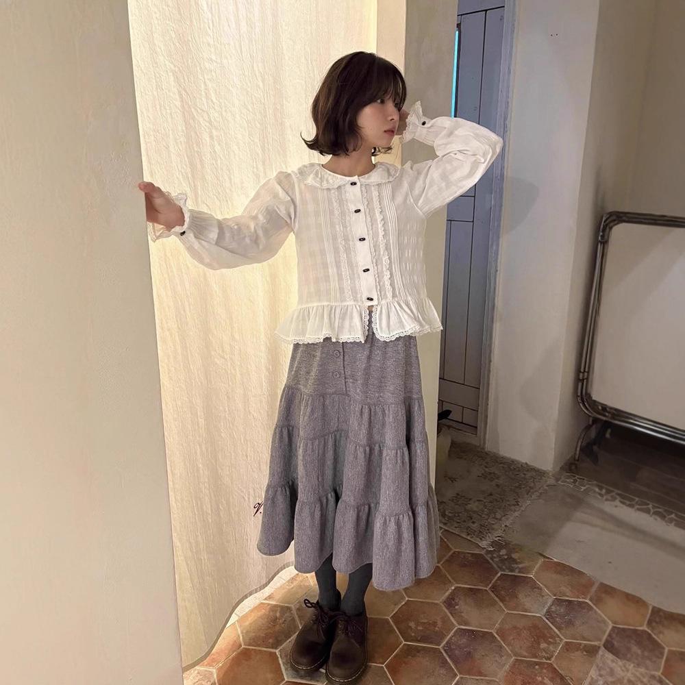 In Stock: Women s Autumn White Loose Fit Doll Collar Lace Shirt One Size