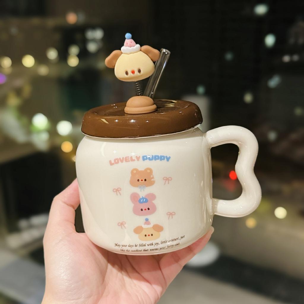 Creative Design Spring Puppy Ceramic Mug with Lid Cute Household Milk Oatmeal Cup Cartoon Cup Souvenir