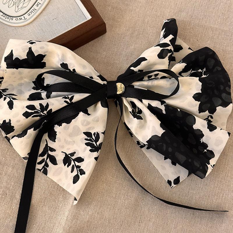 New Vintage Print Bow Ink Skirt Elastic Scrunchie Headband Elegant Fashion Lady Ponytail Streamer Hair Rope Hair Accessories