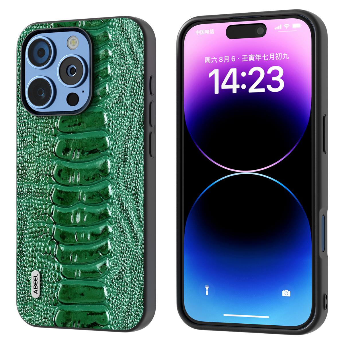 

ABEEL For iPhone 16 Pro Case Crocodile Texture Genuine Cow Leather+TPU+PC Phone Cover Green