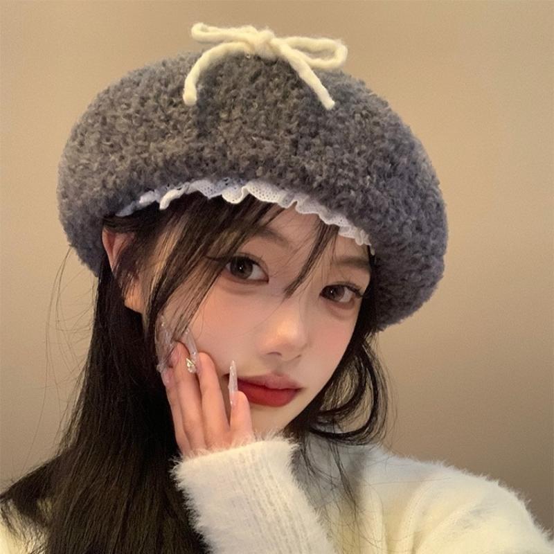 Autumn And Winter Cute Hairy Bow Lace Beret Hats For Women Daily Wear Travel Pography Warm Fashion Versatile Painter Hata