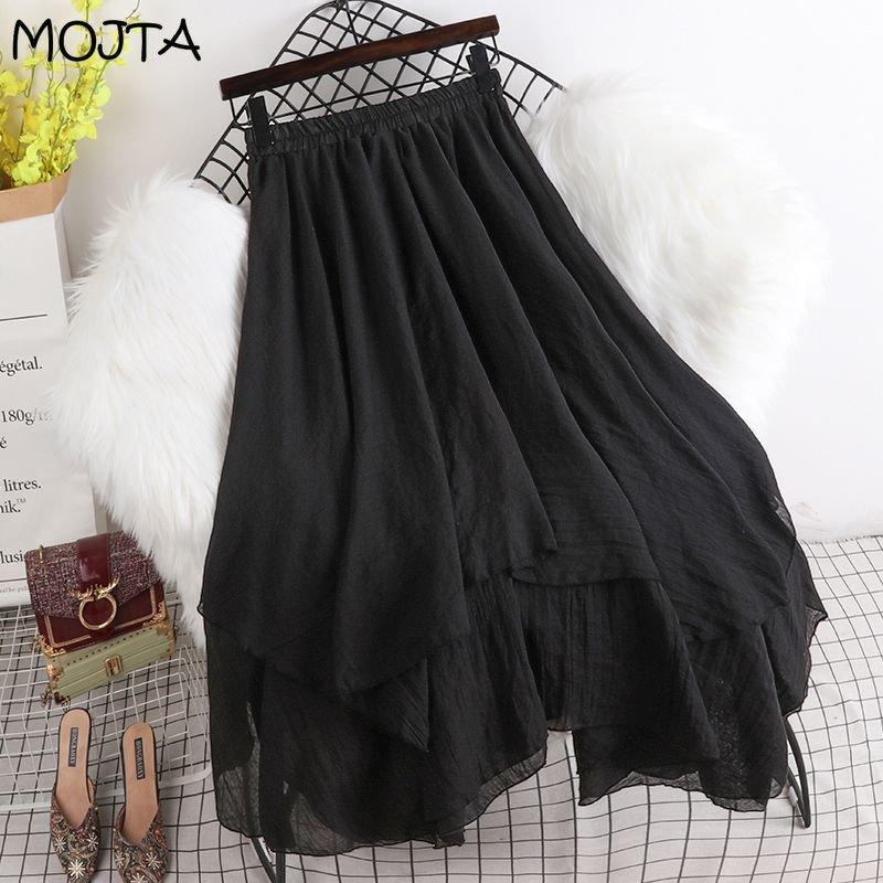 MOJTA Jupe mi-longue printemps été femme taille élastique jupe taille haute jupe trapèze