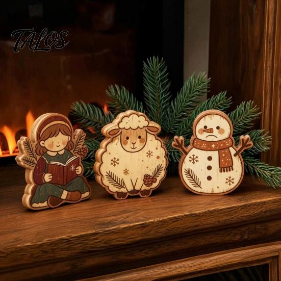 Decorative Christmas Tree Set Wooden Ornaments, Vintage Colorful Desktop Decoration, Rustic Holiday Wood Figurines Handcrafted Gifts with Pine