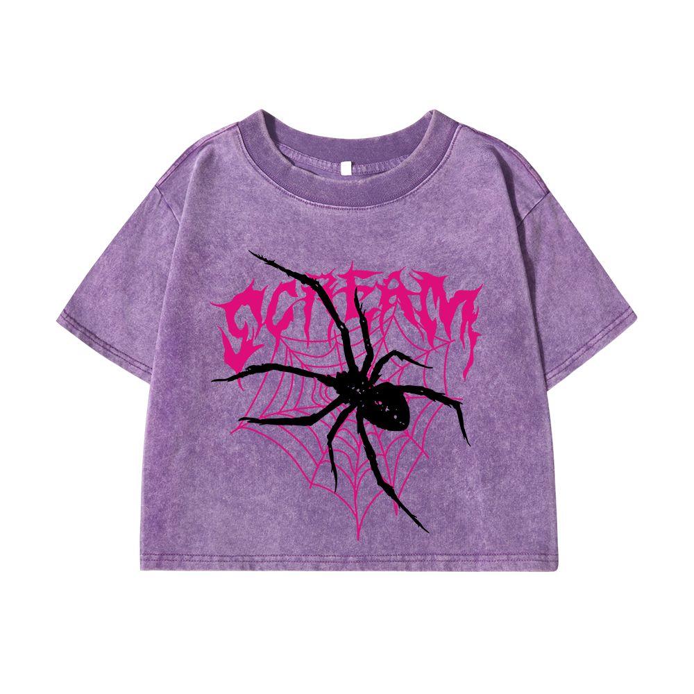 

Woman Cotton Crop Washed T-Shirts Scream Spiders Cobwebs Prints Tee Shirts Oversize O-Neck Distressed Tops Clothes M