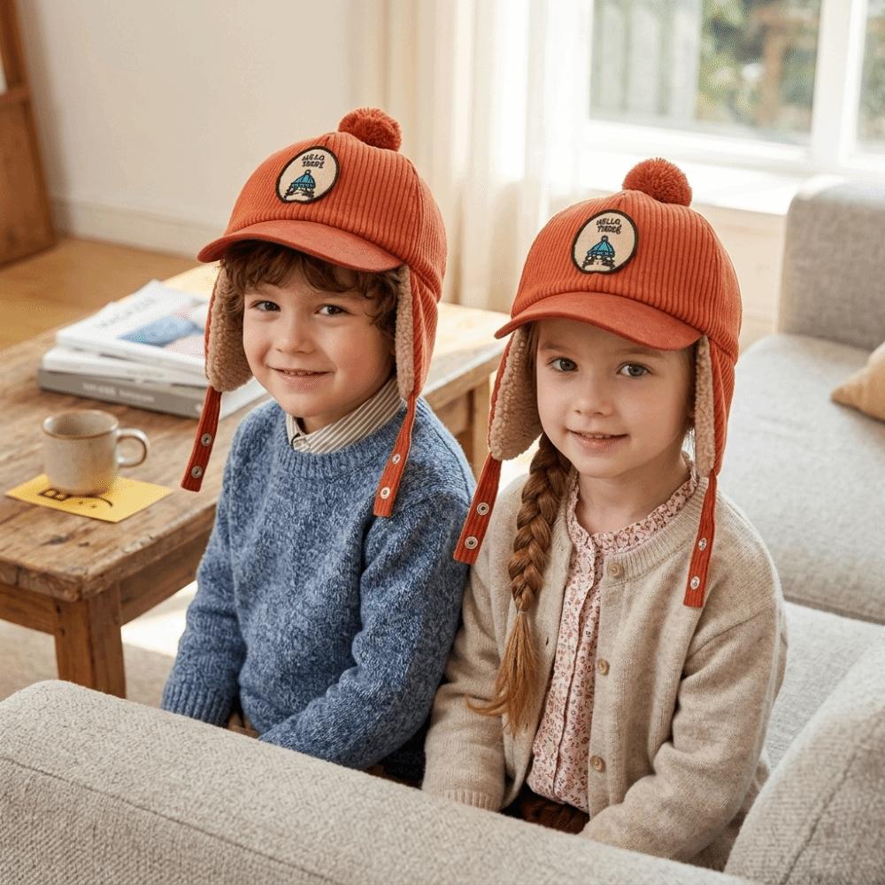 Solid Color Baby Ear Protection Cap Faux Lamb Fleece Lining Toddler Kids Cap For Boys And Girls