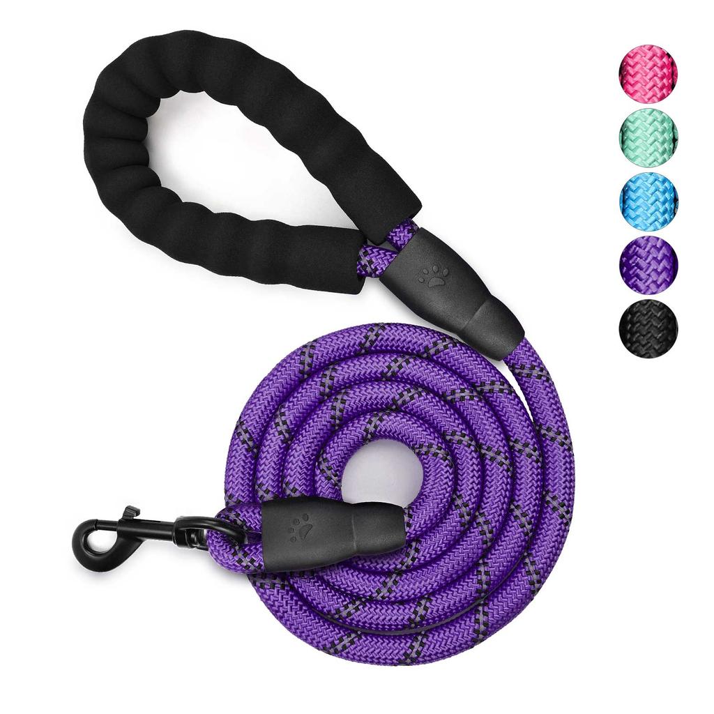Husdjurshundkoppel med mjukt vadderat handtag, Mycket reflekterande rep för nattpromenader, 360-graders roterande metallspänne utan trassel,