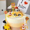 Construction Vehicle Cake Toppers: Excavator, Bulldozer, Roadblock Inserts, Figurines for Boys' Birthday