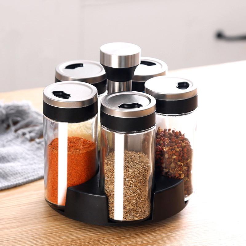 Rotating Stainless Steel Glass Seasoning Bottle, Salt and Pepper Shakers, Seasoning Box, Kitchen Seasoning Tool, Storage Rack