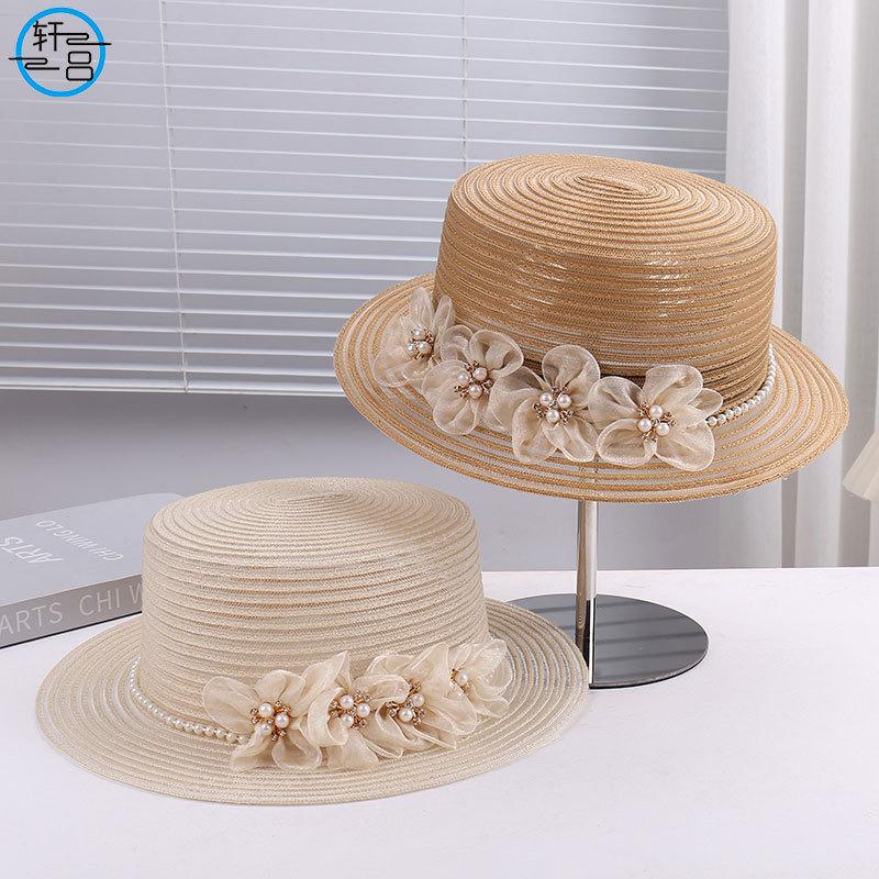 2026 New Fashion Mesh Veil Straw Hat with Pearl & Flower, Elegant Versatile Sun Cap for Women, Outdoor Travel Walk Street Snap