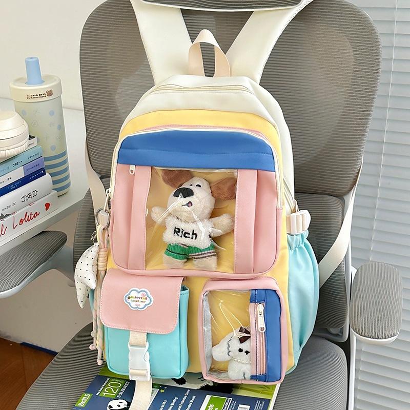 Schoolbag schoolbag Korean version of girls cute bear doll canvas backpack large capacity sweet junior high school backpack