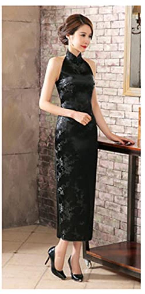 Neck Holder Backless Print Size [TRTRO] Cheongsam, Off-the-Shoulder, Sleeveless, Long, Slit, Qipao, (Plum Black, M)