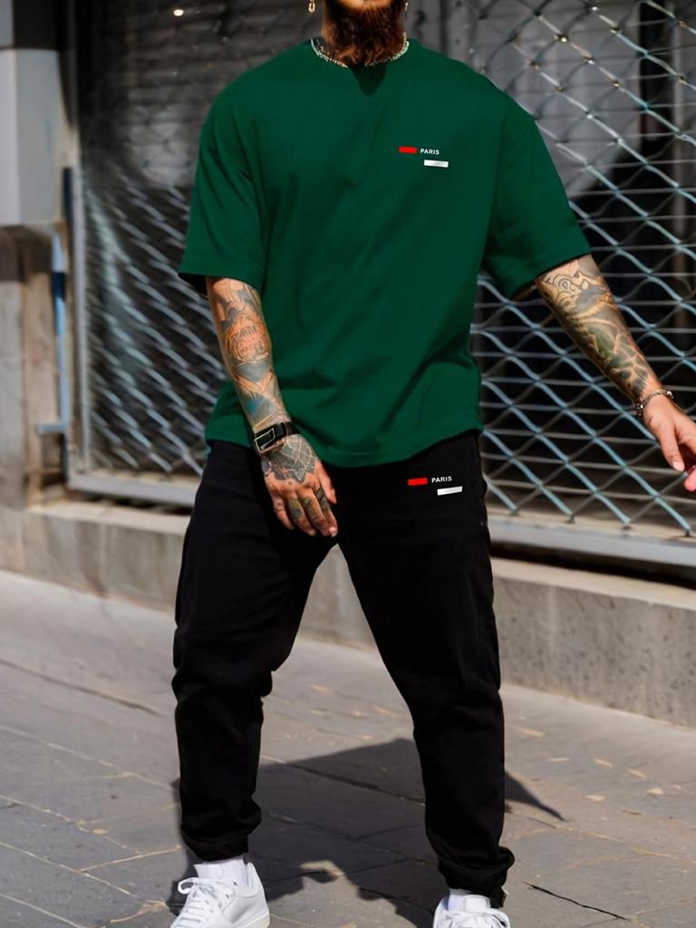 Hot selling summer fashion men's striped letter print micro elastic breathable round neck T-shirt pants set outdoor casual sport