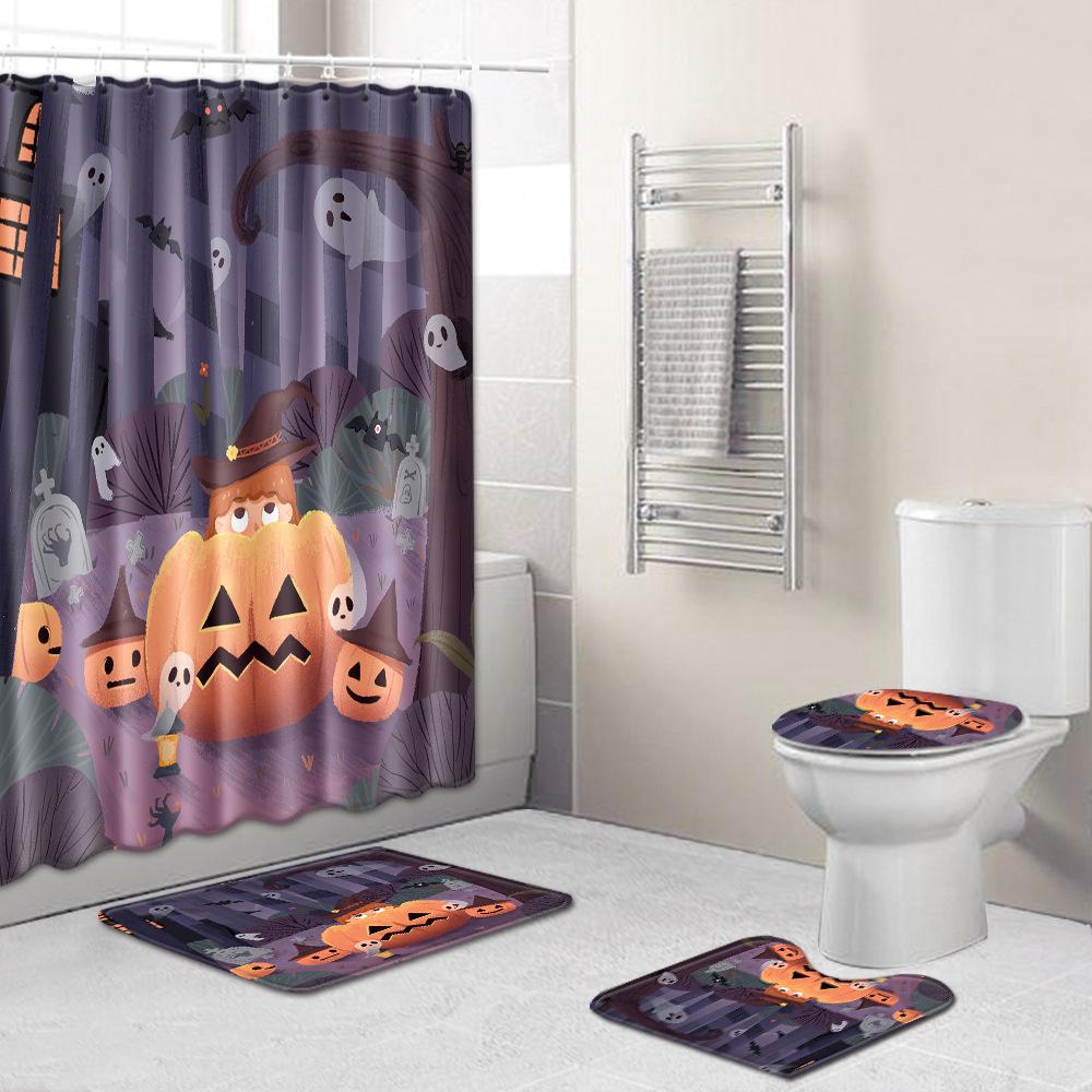 Halloween Shower Curtain Floor Mat Combination Four-Piece Set Bathroom Toilet Carpet Shower Room Foot Mat
