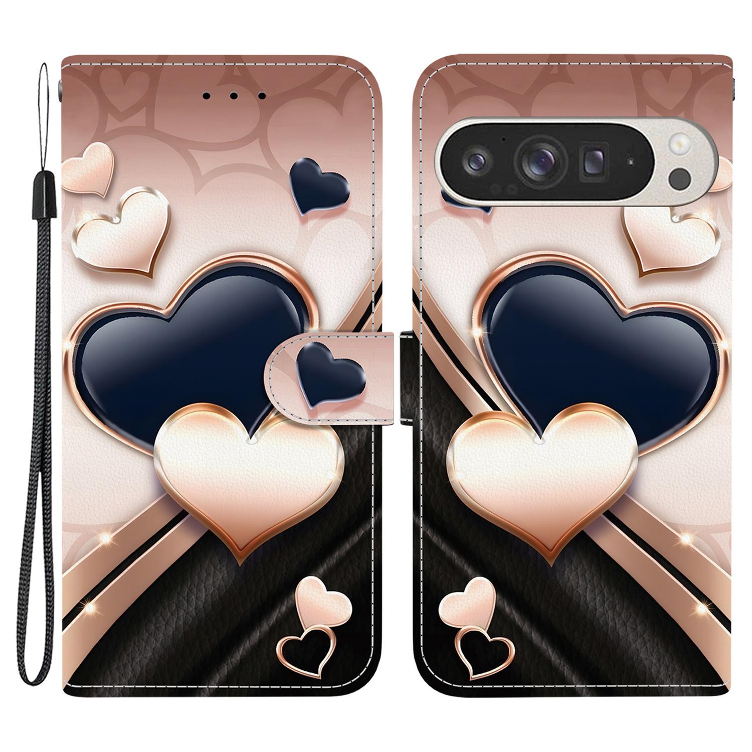 

For Google Pixel 9 Pro XL Leather Case Stand Wallet Pattern Printing Phone Cover with Wrist Strap Love