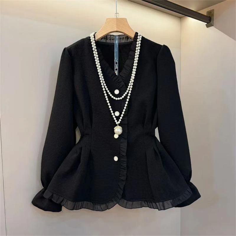 Frühling Herbst Taillenformendes Langarmhemd Elegant Lässig und Mode Basisbluse Einfarbige Damenhemden