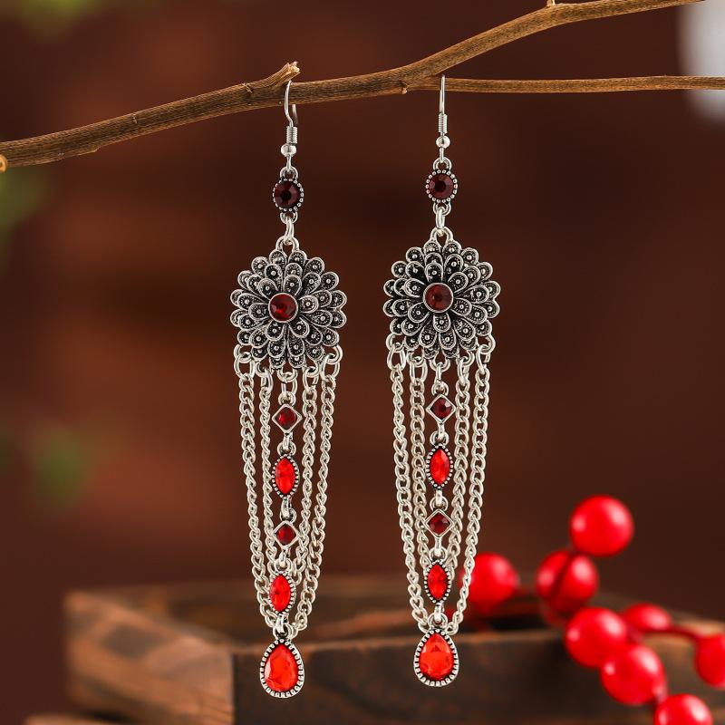Vintage Exaggerated Long Crystal Tassel Earrings for Women Ethnic Multilayer Rhinestone Silver Color Geometric Earrings Jewelry