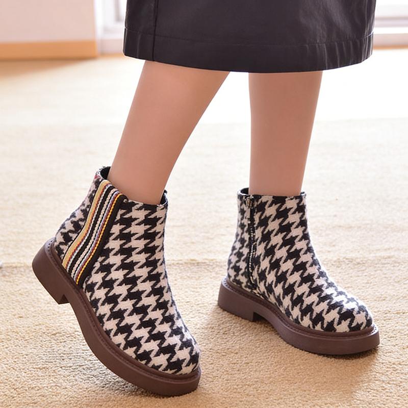 2026 Spring Autumn Women Houndstooth Shoes Ankle Chelsea Boots Flat Red White Side Zipper Brand Ladies Single Boots