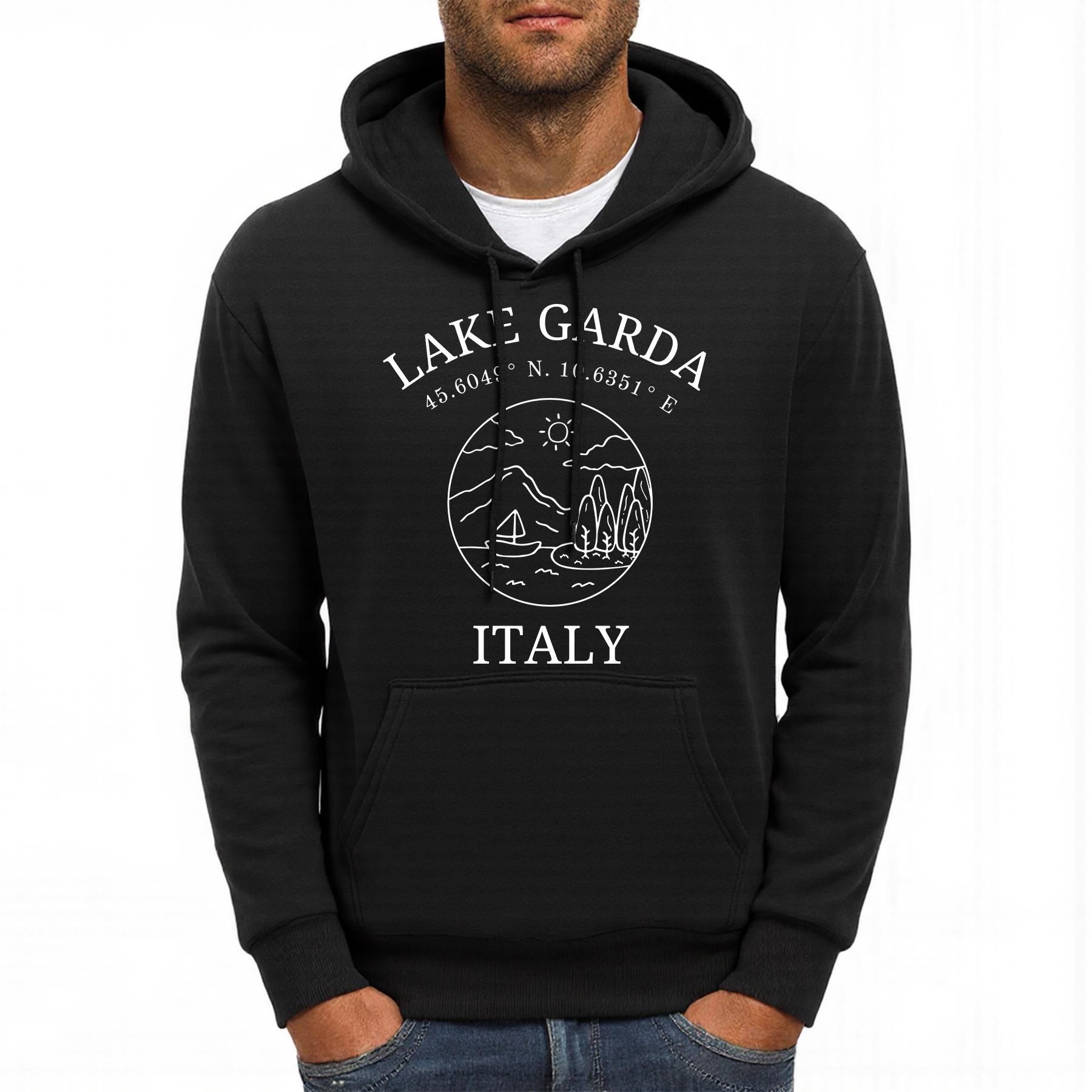 

Lake Garda Italy Letter Printing Men Hoodies Fleece Casual Hoody Multicolor Loose Streetwear All-Match Pocket Man Pullovers 3XL