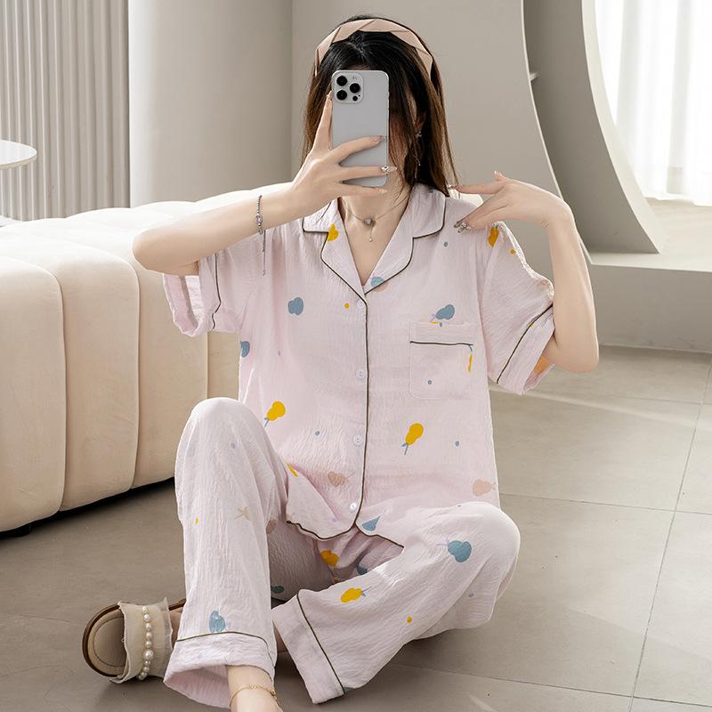 1011 new pajamas women's summer cloud cotton short-sleeved trousers two-piece set Japanese large-size printed loungewear autumn