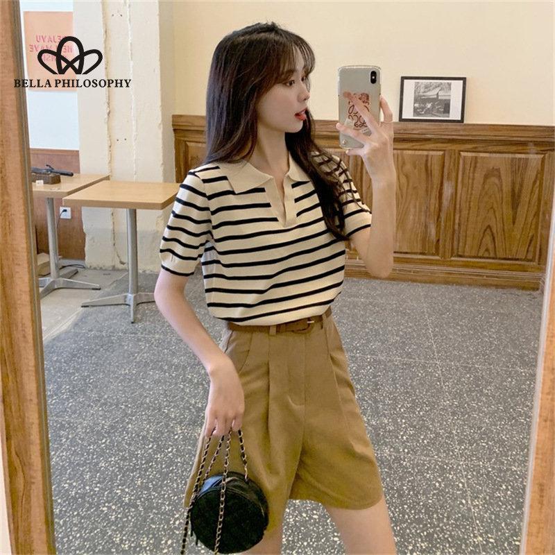 Ice Silk Stripe Polo Neck Short Sleeve T-shirt Women Summer New Casual Cropped Knit Top