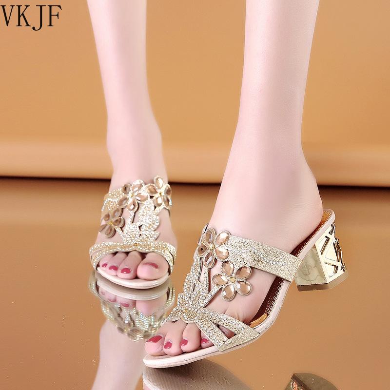 Fashion 2025 New Hot Glitter Mesh Women Sandals Summer Fashion Outdoor Peep Toe Casual Beach Slippers Thick Heel Slip On Women Sandals