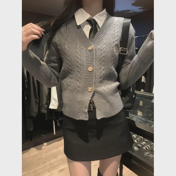 V-Neck Slim Fit Knitted College Cardigan with Long Sleeves