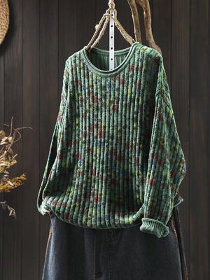 Damen Retro-Print Baumwollpullover - Locker Übergröße, Anti-Pilling, Lässige Strickware für Herbst/Winter