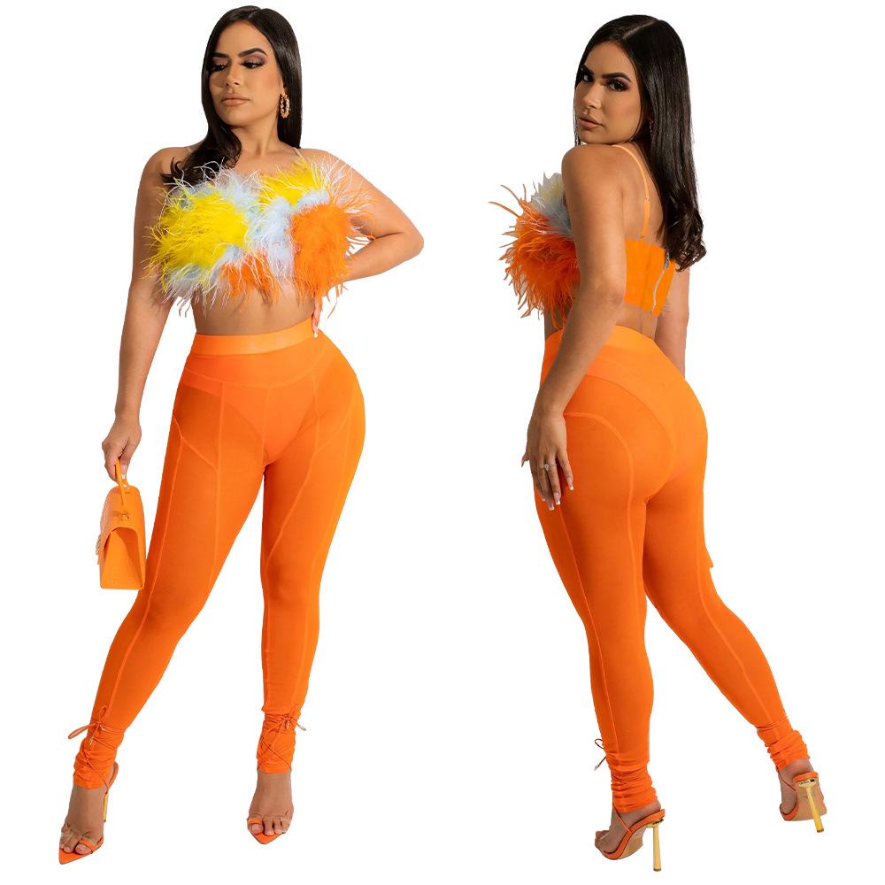 K10179 Women's Summer Sexy Nightclub Feather Camisole and Pants Two-Piece Set