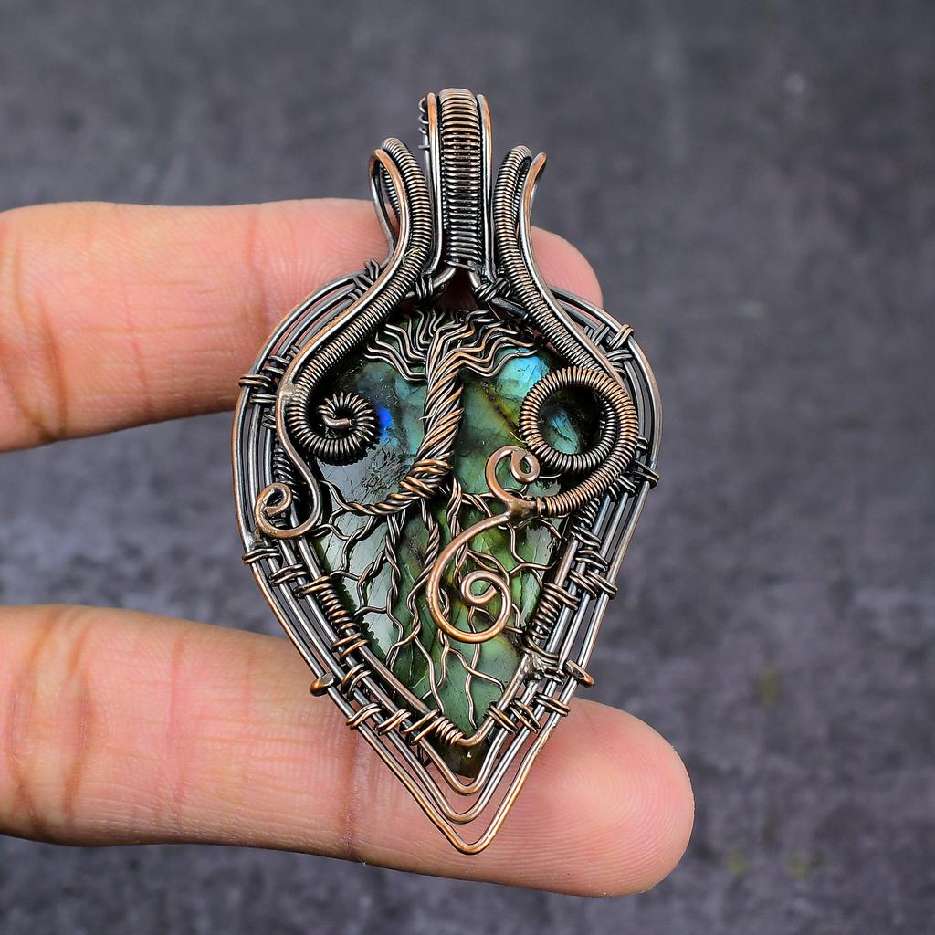 Labradorite Gemstone Handmade Copper Wire Wrap Tree Of Life Pendant 2.76" S9Q61