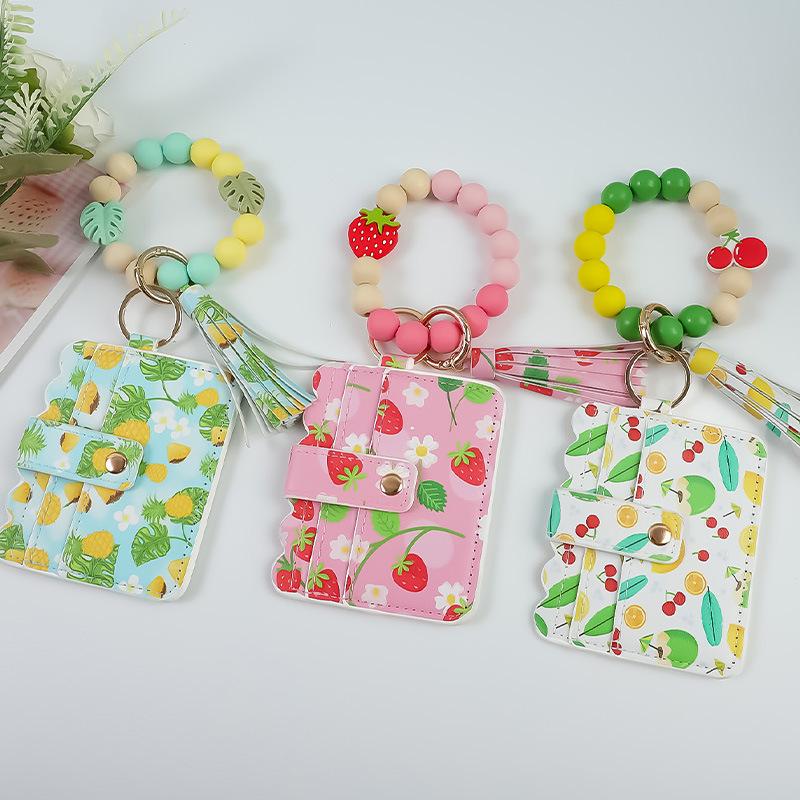Fruit Print PU Card Holder with Beaded Keychain & Bracelet Wallet