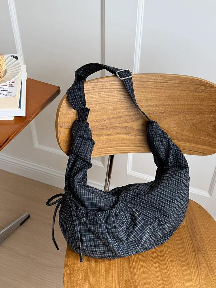 Checked Drawstring Bowknot Nyl Women s Shoulder Bags Casual Large Capacity Ladies Crossbody Bag Versatile Female Dumpling Bag