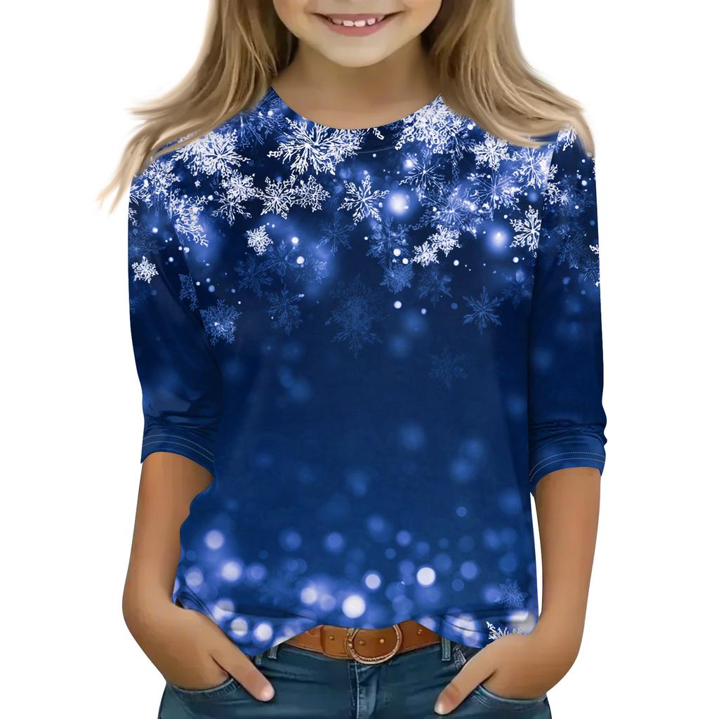Christmas Day Print Tops For Youth Girls 5-16 Years Round Neck 3/4 Sleeves T-Shirts Trendy Tops Outfit Tees