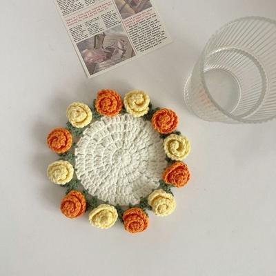 Creative DIY Rose Bouquet Coaster Hand Knitted Mini Crochet Flower Pot Flower Coasters Mother's Day Gift