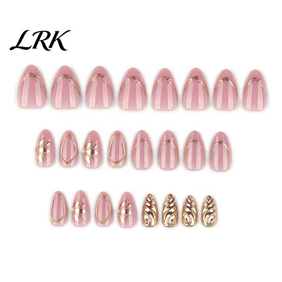 Almond False Nails 24Pcs Golden Cat Eyes Press on Nails, Nude Pink Stick-on Fake for Women, Removable Full Cover Glue Long 24PCS
