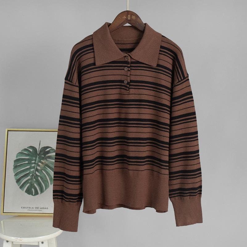 Womens Loose Colorblock Stripe Turn Down Collar Long Sleeve Knit T Shirt