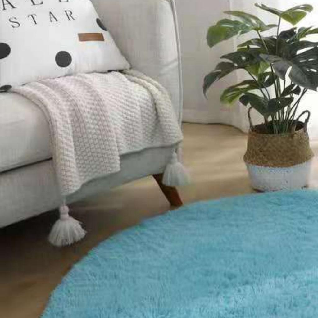 Floor Carpet Polyester Fiber Round Nordic Style Long Plush Soft Shaggy Rug for Home Bedroom Blue