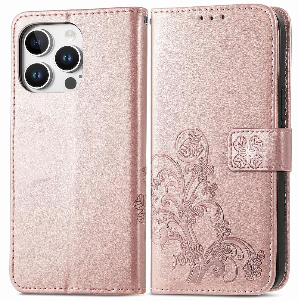 

Шкіряний чохол для iPhone 16 Pro Max з чотирилистою конюшиною, чохол-гаманець для телефону Rose Gold