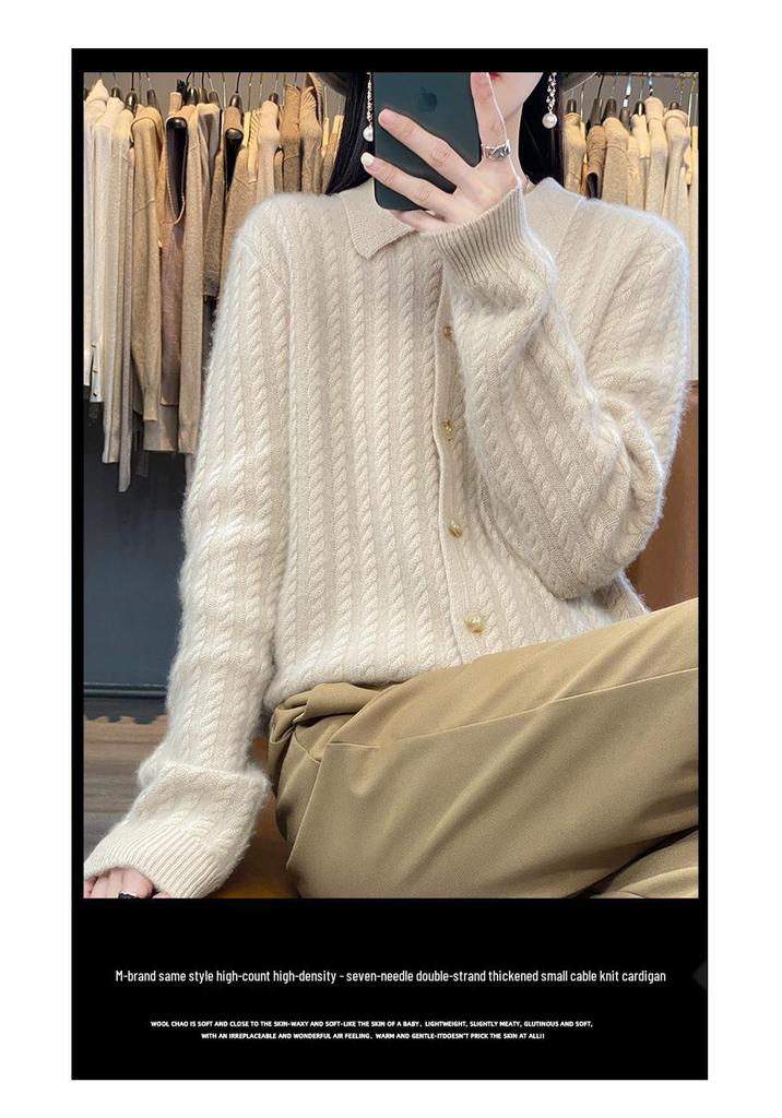 Women's Slim Cable Knit Cardigan with Cashmere Collar - Versatile Autumn/Winter Style