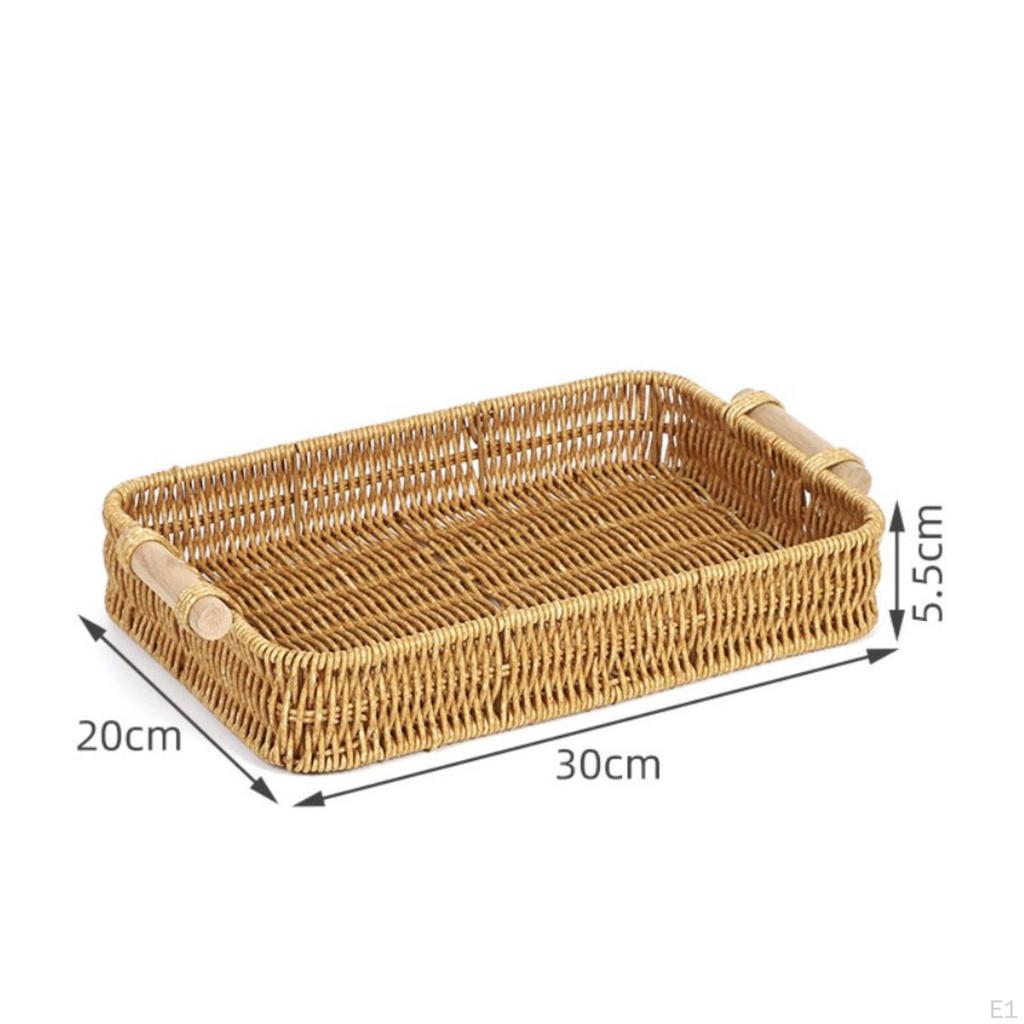 Woven Tray Basket with Handles Handwoven Wicker Serving Shallow Rectangular