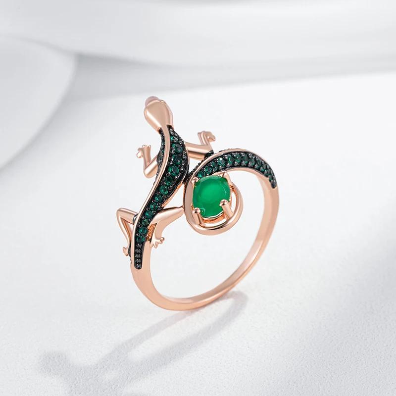 Full Paved Green Zircon Black Plated Gecko Rings for Women Gothic Fashion Jewelry Light Luxury Accessories AVE