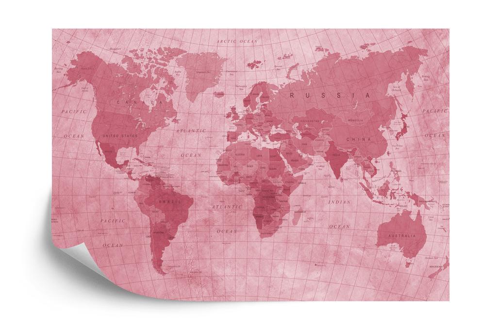 Photomural World Map Textured Red Iq-1262-D Washable Fleece 254x184