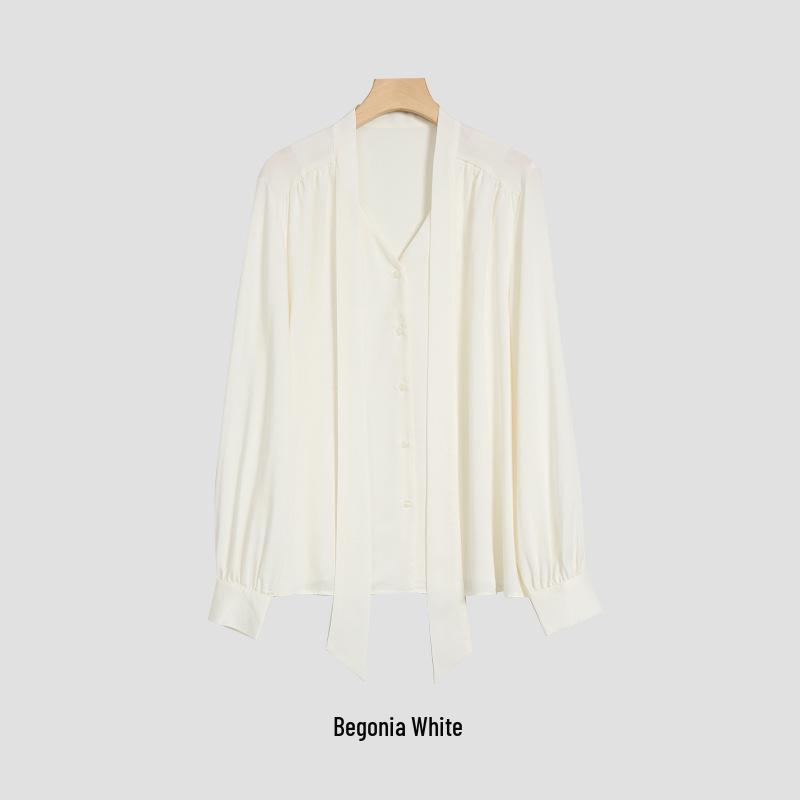 Rong Tai Women's Elegant French Ribbon Long Sleeve V-Neck Chic Shirt - Spring 2026 Collection