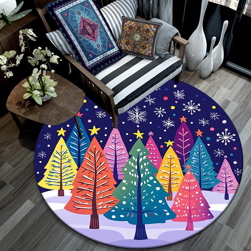 Colorful Trees Snow Winter Round Area Rug,Carpet Rug for Living Room Bedroom Sofa Playroom Decor,Non-slip Floor Mat