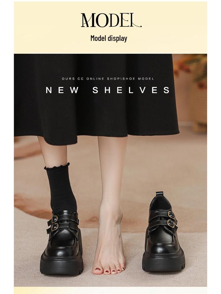 Dámské drobné černé platformové mokasíny - Kolekce jaro/podzim 2025: Všestranné kožené boty JK se silnou podrážkou zvyšující výšku