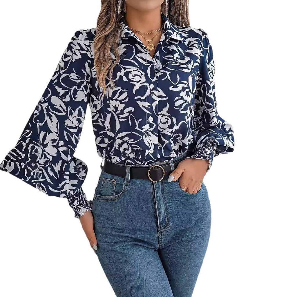 GMXIA Autumn Winter Color Flower Lantern Sleeve Lapel Shirt for Women's Autumn and Winter