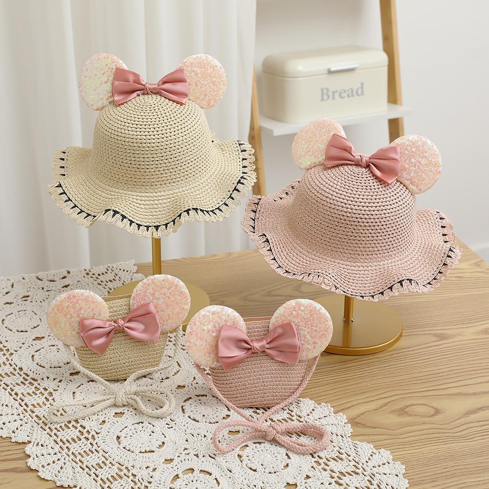 New Arrival Straw Hat And Bag Set For Girls Kids Fashion Summer Bow Lovely Princess Sun Cap Outdoor Cartoon Beach Waved Hats
