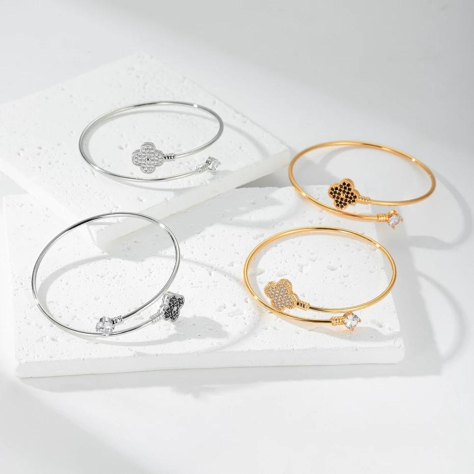 Fashion Clover Open Bracelet for Women, Electroplated Copper with Micro-Zircon Stone Jewelry Accessories