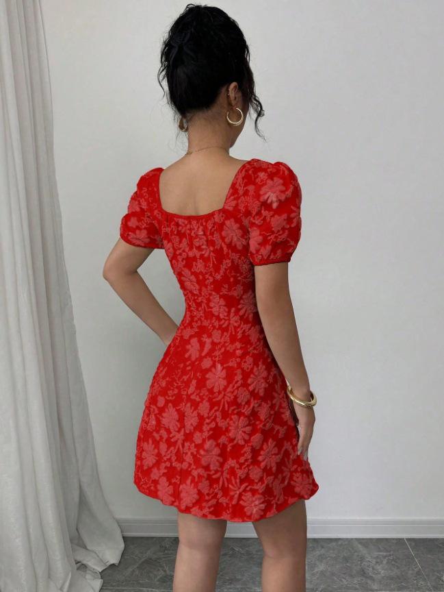 2026 Women's Summer Slim Jacquard Puff Sleeve Square Neck Dress - Elegant European Vacation Style