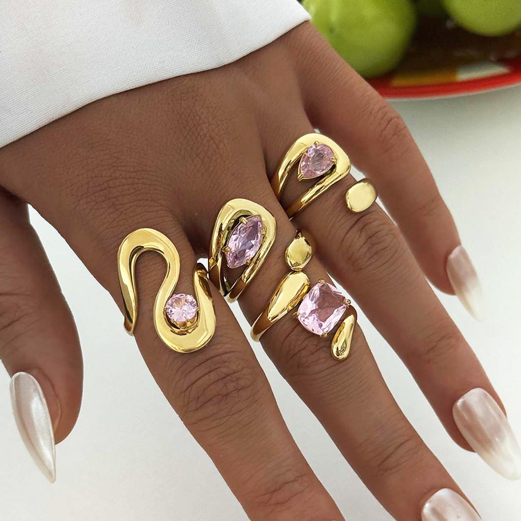 Unique 316L Stainless Steel Zircon Rings Suitable For Women's Exaggerated Waterproof Jewelry 18K Gold Plated Rings Gift For Her