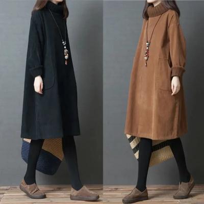Rochie de toamnă iarnă pentru femei, rochii retro din velur, adăugați rochie de catifea cu gât înalt, pulover de lungime medie, pulover pentru femei